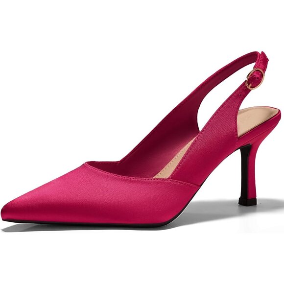 Shoes - Women's Satin Pink  Faux Leather Pointed Toe Slingback Stylish Buckle Pump Shoes